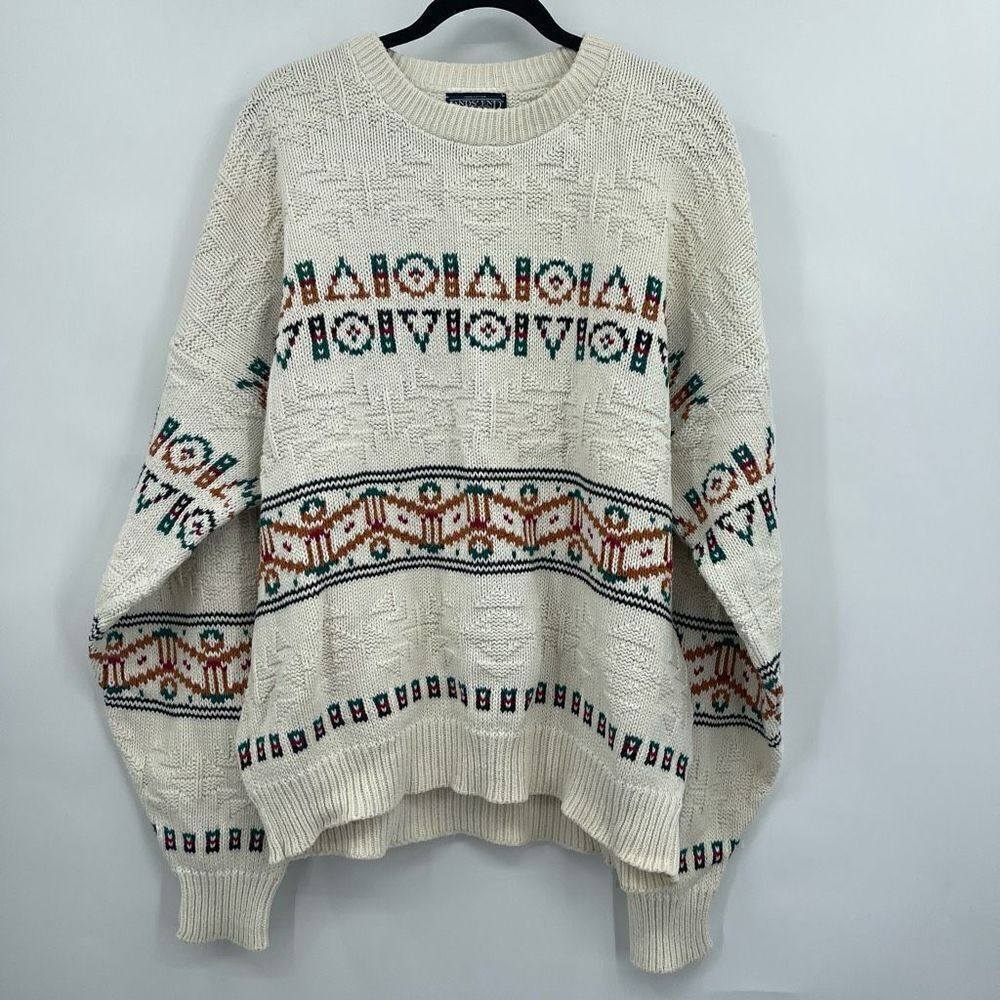 Lands' End Cable-Knit Aztec Print Long Sleeve White Sweater Size XL